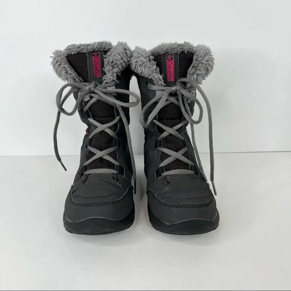 Columbia charcoal gray pink faux fur trim winter lace up ankle snow boots size 1